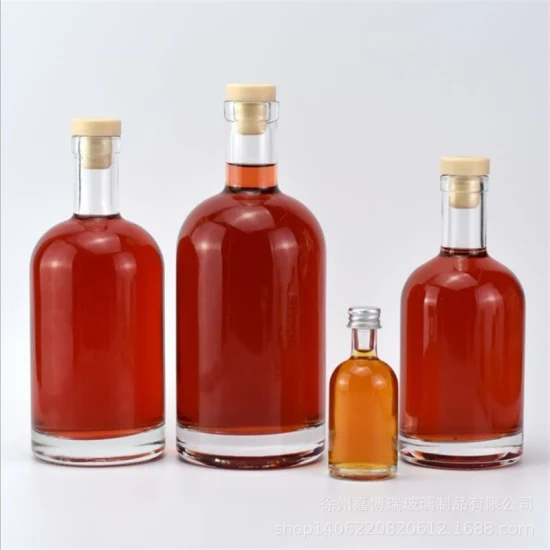 Mini proveedor de botellas de vidrio de forma redonda 100ml 200ml 250ml 500ml 700ml 1000ml Heavy Cork Top Lagrge Wine Whisky Brandy Tequila Gin Bottle con corcho